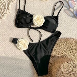 Elegant Black and Cream Floral Bikini